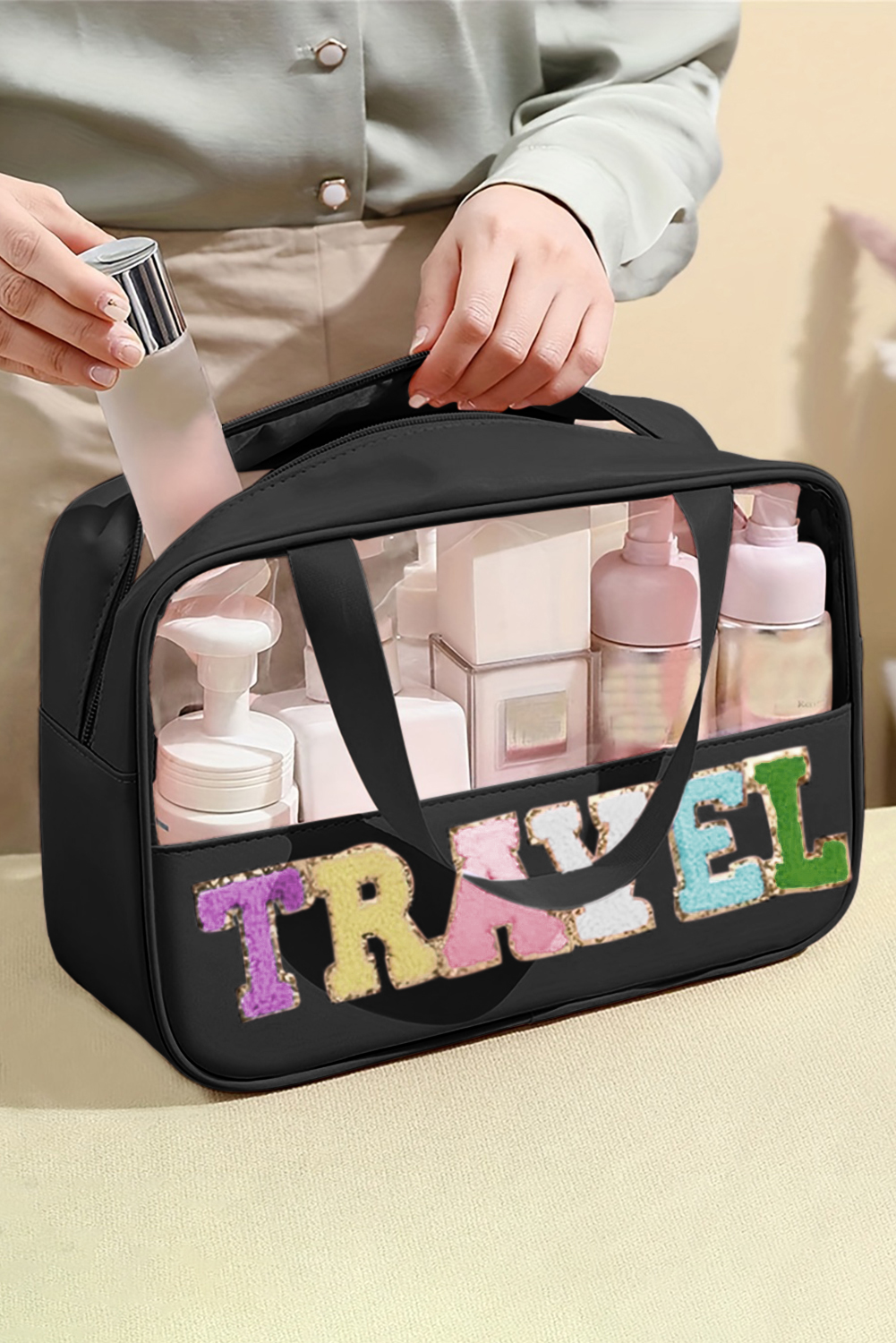 Parchment TRAVEL Chenille Letter Clear PVC Makeup Bag - Image 66